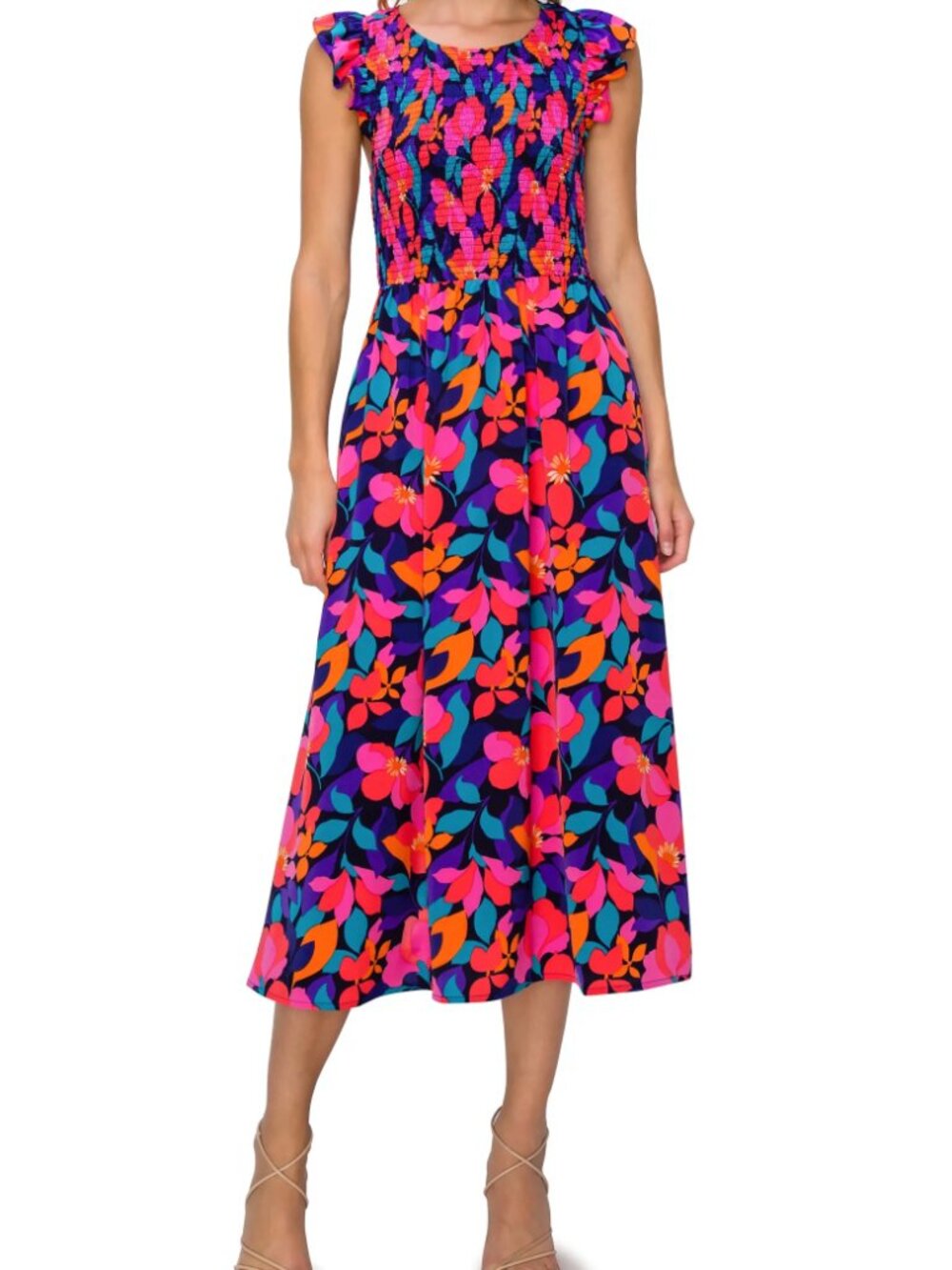 Melloday Floral Smocked Maxi Dress Flutter Sleeve NWT Size L  Description: